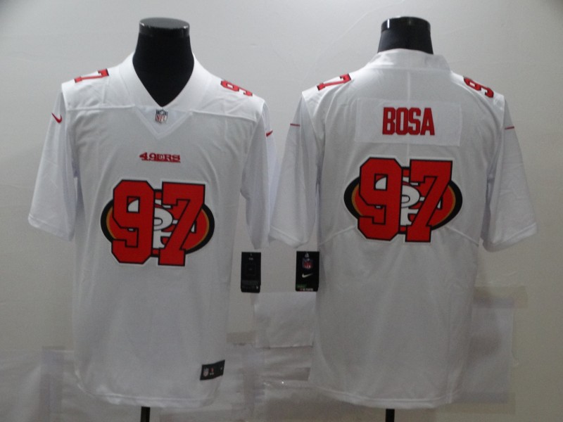 Personalized 49ers 97 Nick Bosa White Shadow Logo Limited Jersey