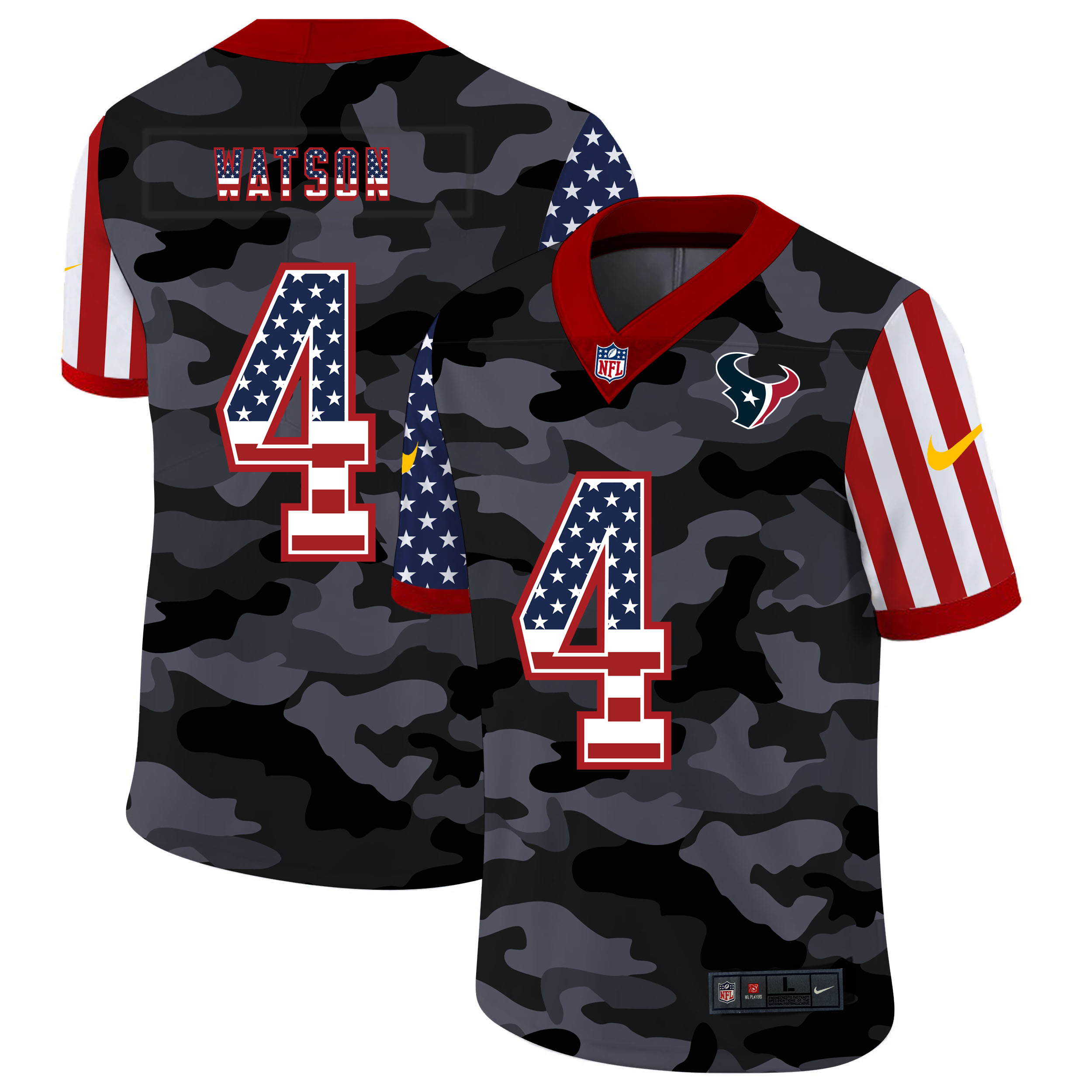 Personalized Texans 4 Deshaun Watson Camo 2020 USA Flag Salute To Service Limited Jersey
