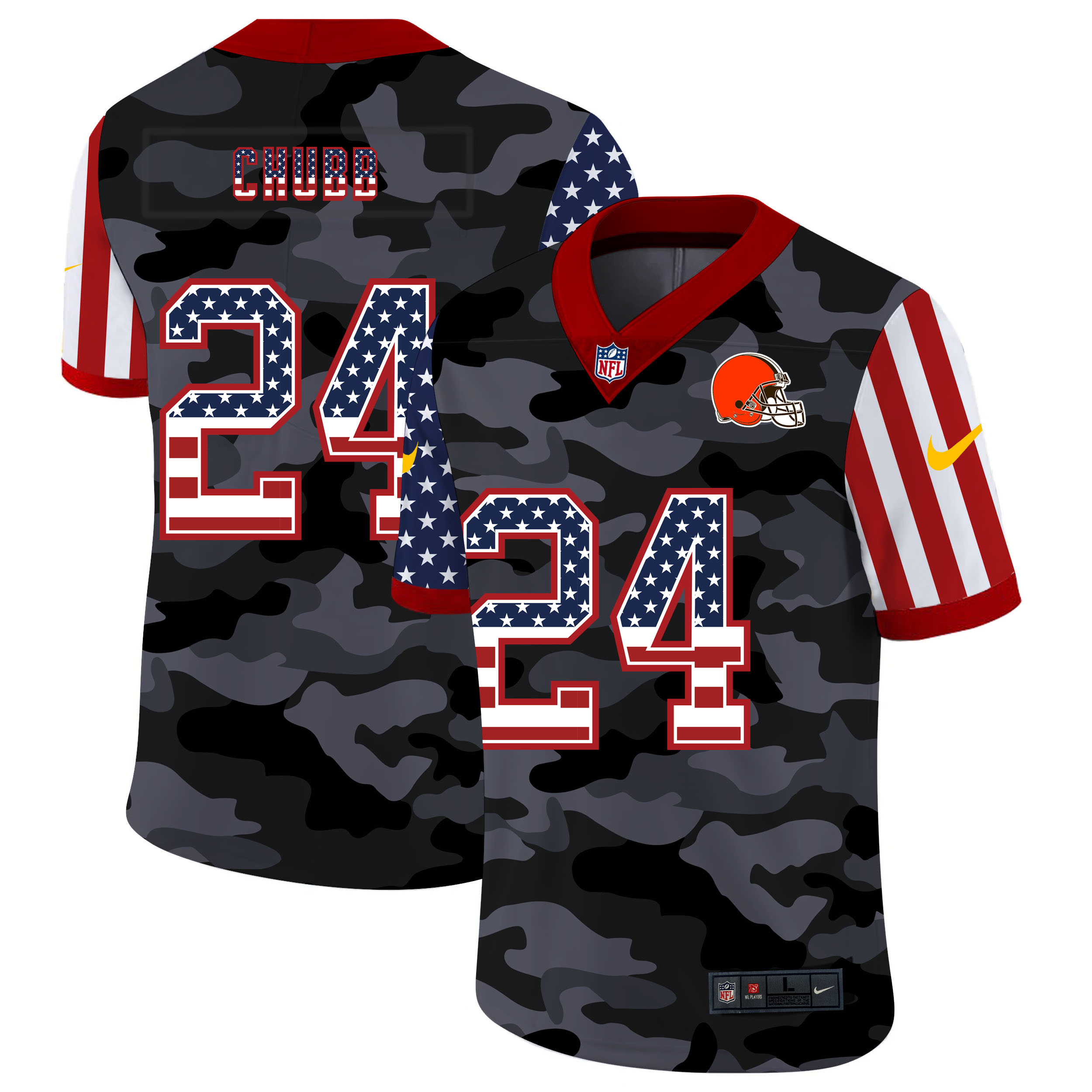 Personalized Browns 24 Nick Chubb Camo 2020 USA Flag Salute To Service Limited Jersey