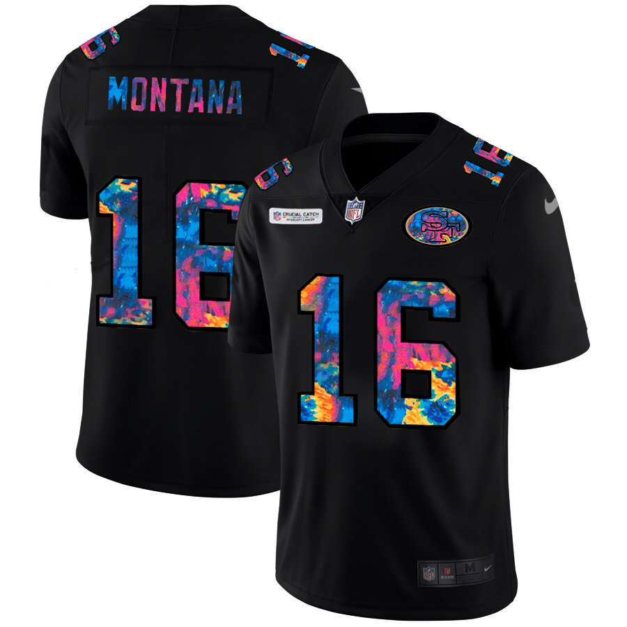 Personalized San Francisco 49ers #16 Joe Montana Men’s Multi-Color Black 2020 NFL Crucial Catch Untouchable Limited Jersey