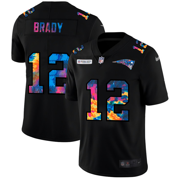 Personalized New England Patriots #12 Tom Brady Men’s Multi-Color Black 2020 NFL Crucial Catch Untouchable Limited Jersey
