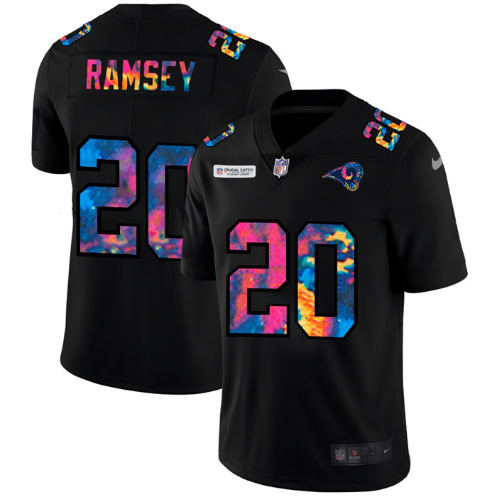 Personalized Los Angeles Rams #20 Jalen Ramsey Men’s Multi-Color Black 2020 NFL Crucial Catch Untouchable Limited Jersey