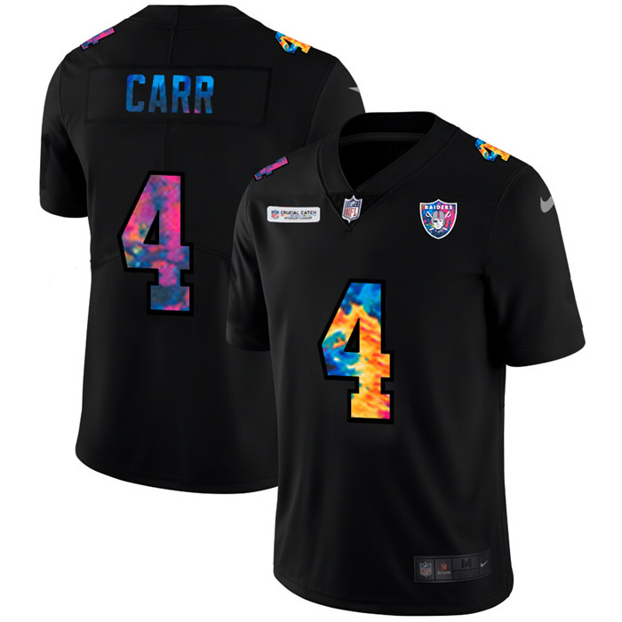Personalized Las Vegas Raiders #4 Derek Carr Men’s Multi-Color Black 2020 NFL Crucial Catch Untouchable Limited Jersey