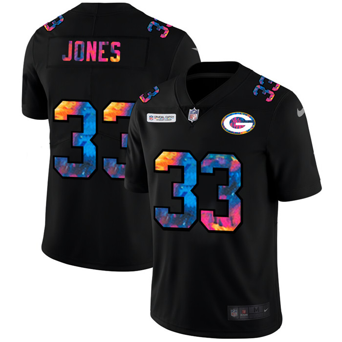 Personalized Green Bay Packers #33 Aaron Jones Men’s Multi-Color Black 2020 NFL Crucial Catch Untouchable Limited Jersey