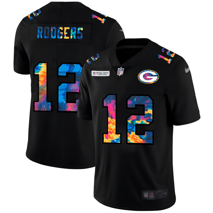 Personalized Green Bay Packers #12 Aaron Rodgers Men’s Multi-Color Black 2020 NFL Crucial Catch Untouchable Limited Jersey