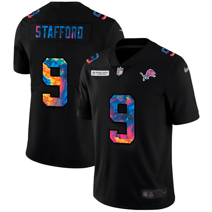 Personalized Detroit Lions #9 Matthew Stafford Men’s Multi-Color Black 2020 NFL Crucial Catch Untouchable Limited Jersey