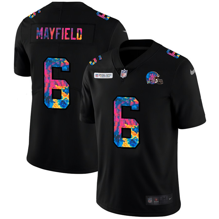 Personalized Cleveland Browns #6 Baker Mayfield Men’s Multi-Color Black 2020 NFL Crucial Catch Untouchable Limited Jersey