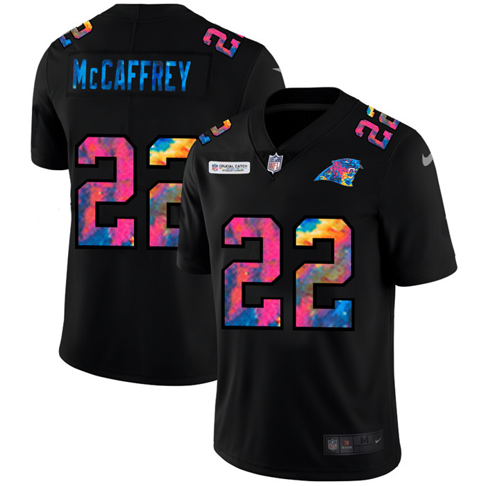 Personalized Carolina Panthers #22 Christian McCaffrey Men’s Multi-Color Black 2020 NFL Crucial Catch Untouchable Limited Jersey