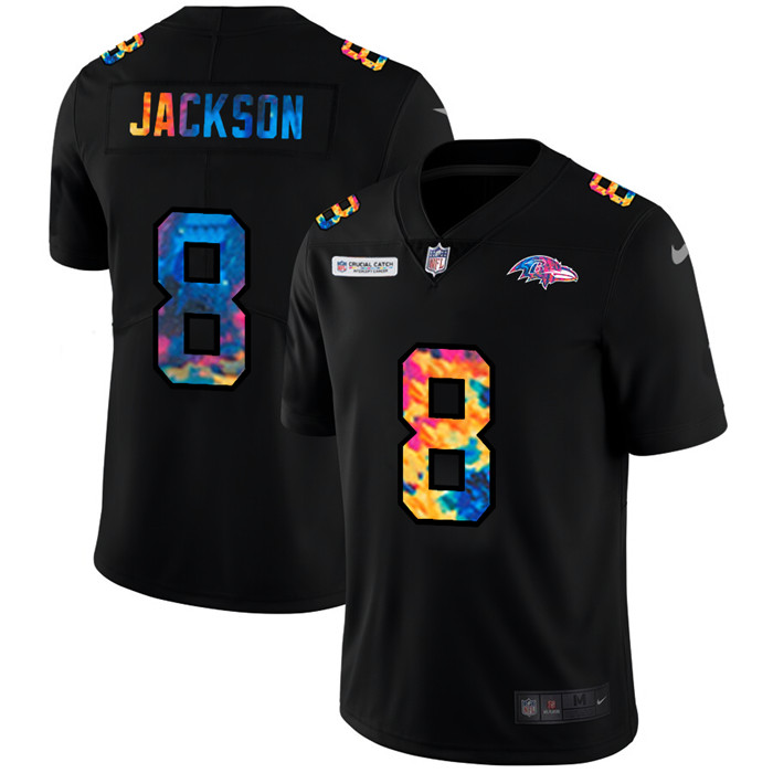Personalized Baltimore Ravens #8 Lamar Jackson Men’s Multi-Color Black 2020 NFL Crucial Catch Untouchable Limited Jersey