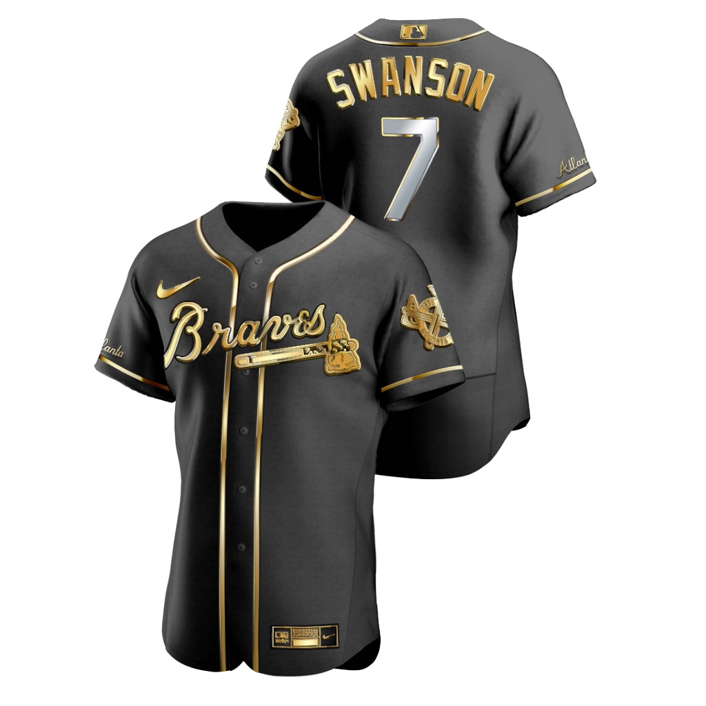 Personalized Braves 7 Dansby Swanson Black Gold 2020 Flexbase Jersey