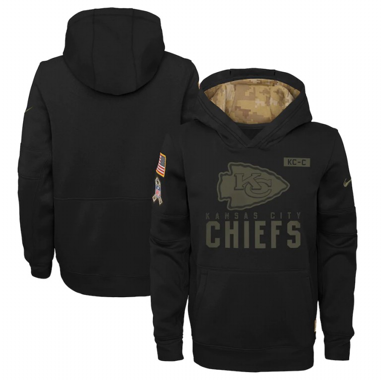 Personalized Youth Kansas City Chiefs Youth 2020 Salute to Service Pullover Performance Hoodie Black