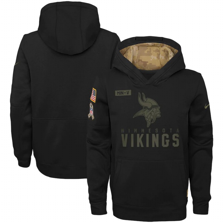 Personalized Youth Minnesota Vikings Youth 2020 Salute to Service Pullover Performance Hoodie Black