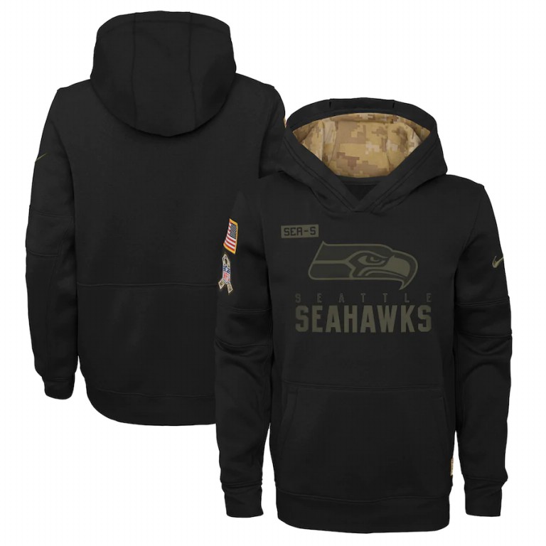 Personalized Youth Seattle Seahawks Youth 2020 Salute to Service Pullover Performance Hoodie Black