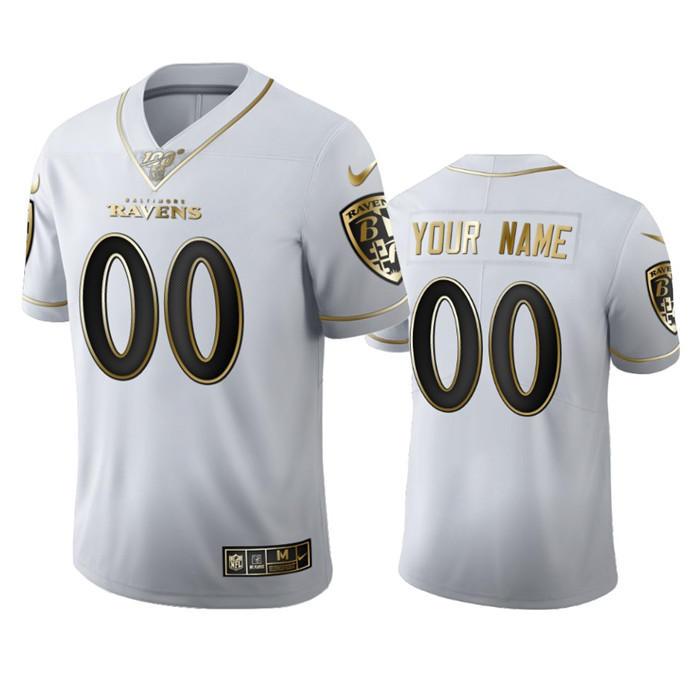 Personalized Baltimore Ravens Men’s White Golden Edition Limited NFL 100 Jersey