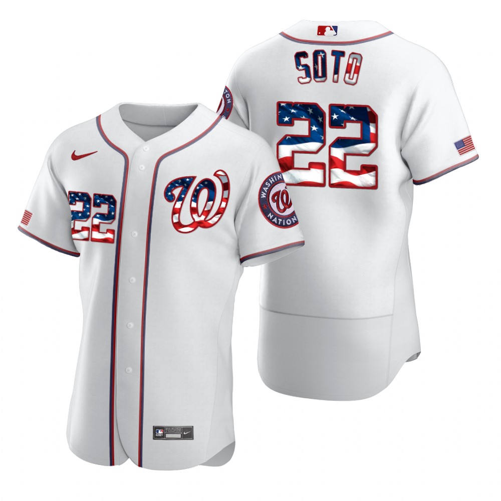 Personalized Washington Nationals #22 Juan Soto Men’s White Fluttering USA Flag Limited Edition Authentic MLB Jersey