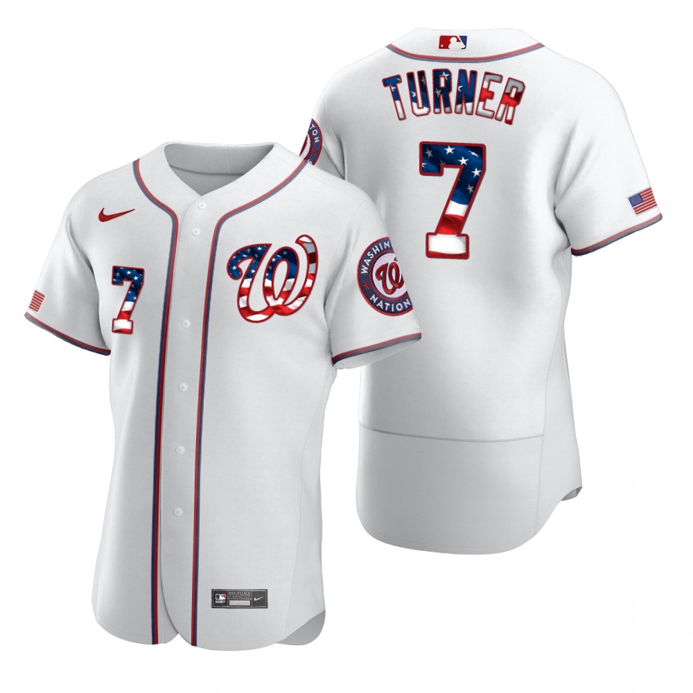 Personalized Washington Nationals #7 Trea Turner Men’s White Fluttering USA Flag Limited Edition Authentic MLB Jersey