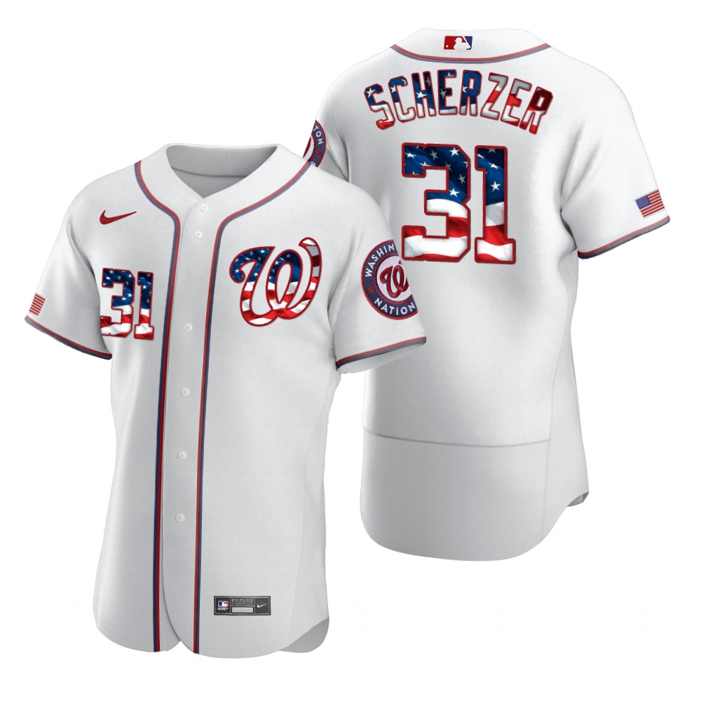 Personalized Washington Nationals #31 Max Scherzer Men’s White Fluttering USA Flag Limited Edition Authentic MLB Jersey