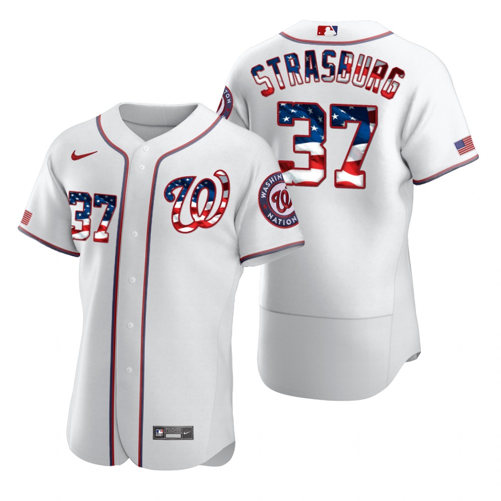Personalized Washington Nationals #37 Stephen Strasburg Men’s White Fluttering USA Flag Limited Edition Authentic MLB Jersey