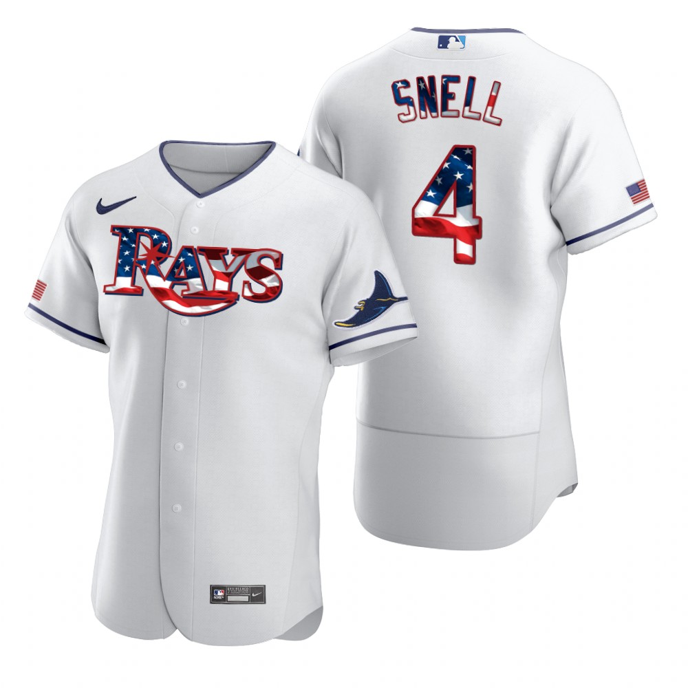 Personalized Tampa Bay Rays #4 Blake Snell Men’s White Fluttering USA Flag Limited Edition Authentic MLB Jersey