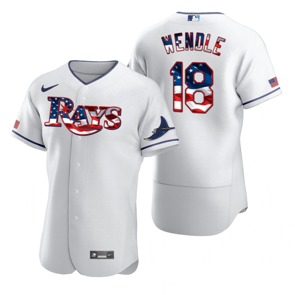 Personalized Tampa Bay Rays #18 Joey Wendle Men’s White Fluttering USA Flag Limited Edition Authentic MLB Jersey