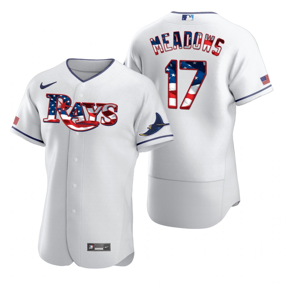 Personalized Tampa Bay Rays #17 Austin Meadows Men’s White Fluttering USA Flag Limited Edition Authentic MLB Jersey