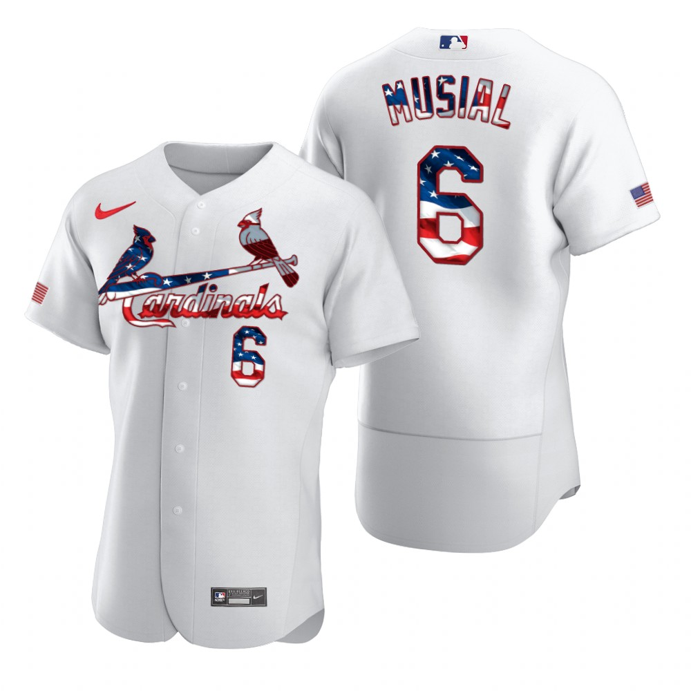 Personalized St. Louis Cardinals #6 Stan Musial Men’s White Fluttering USA Flag Limited Edition Authentic MLB Jersey