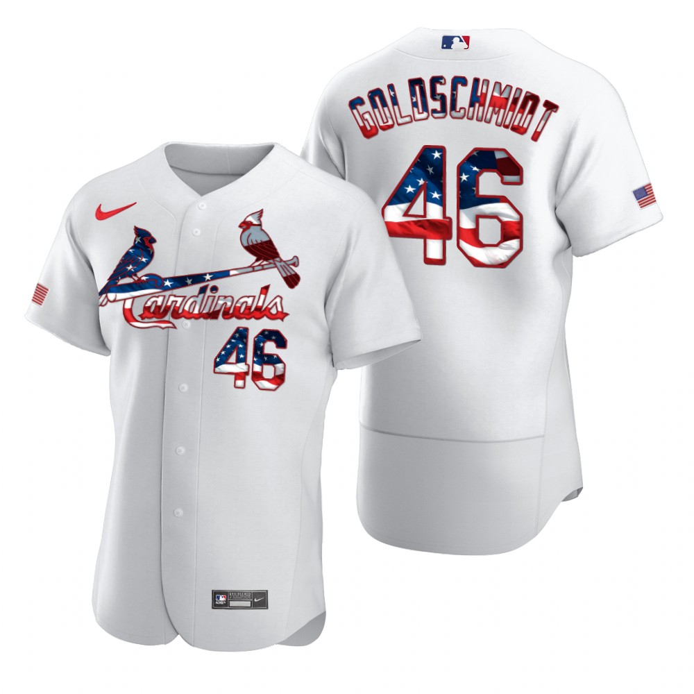 Personalized St. Louis Cardinals #46 Paul Goldschmidt Men’s White Fluttering USA Flag Limited Edition Authentic MLB Jersey