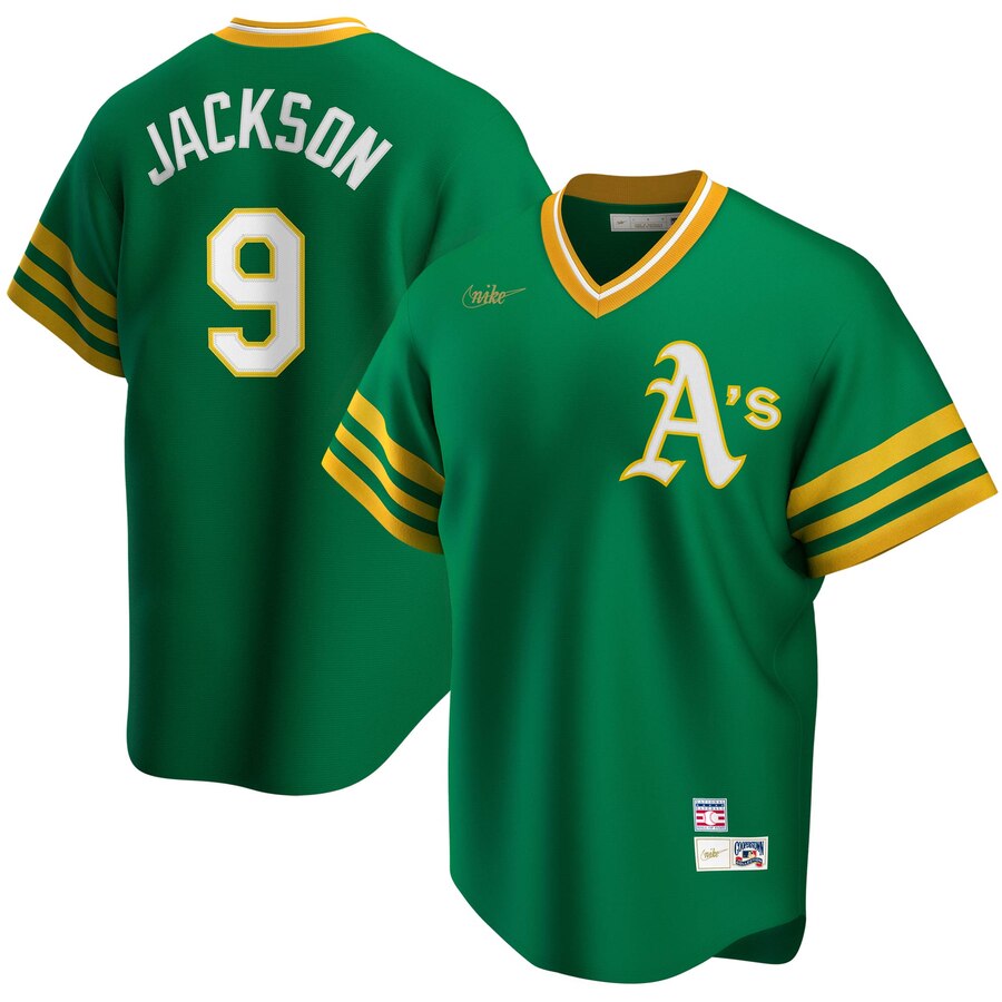 Personalized Oakland Athletics #9 Reggie Jackson Road Cooperstown Collection Player MLB Jersey Kelly Green