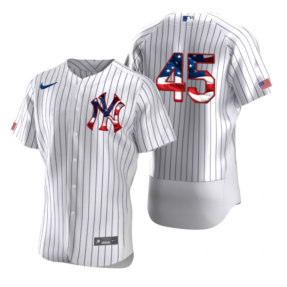 Personalized New York Yankees #45 Gerrit Cole Men’s White Fluttering USA Flag Limited Edition Authentic MLB Jersey