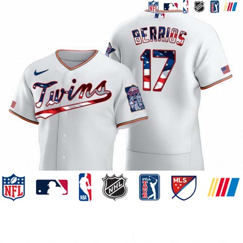 Personalized Minnesota Twins #17 Jose Berrios Men’s White Fluttering USA Flag Limited Edition Authentic MLB Jersey