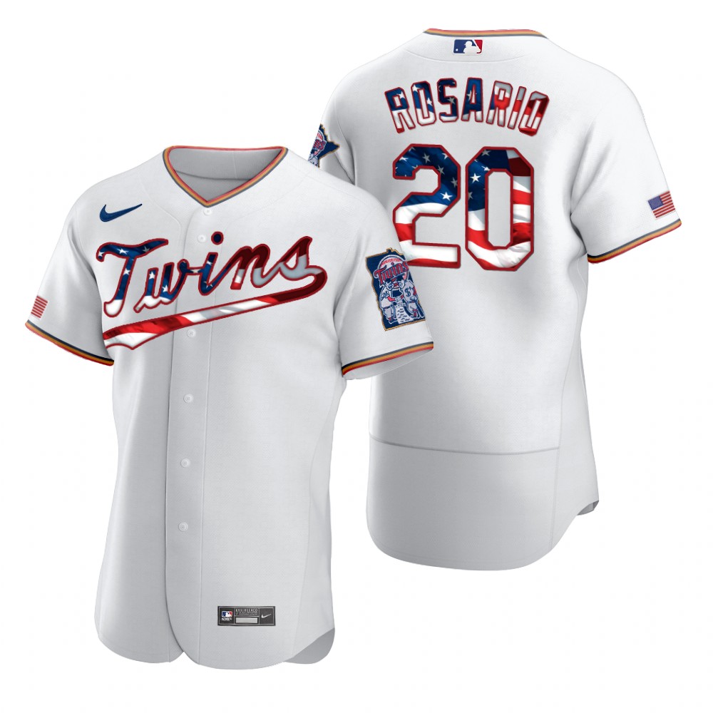 Personalized Minnesota Twins #20 Eddie Rosario Men’s White Fluttering USA Flag Limited Edition Authentic MLB Jersey