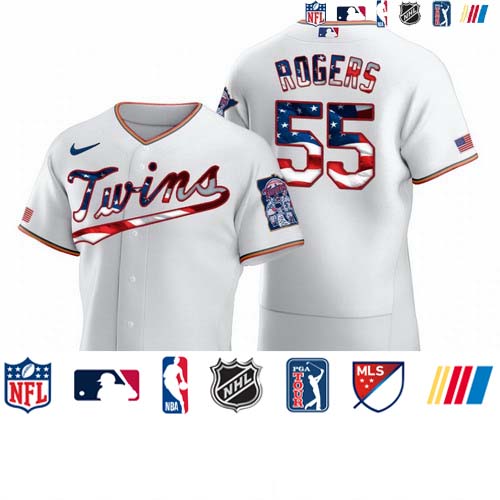 Personalized Minnesota Twins #55 Taylor Rogers Men’s White Fluttering USA Flag Limited Edition Authentic MLB Jersey