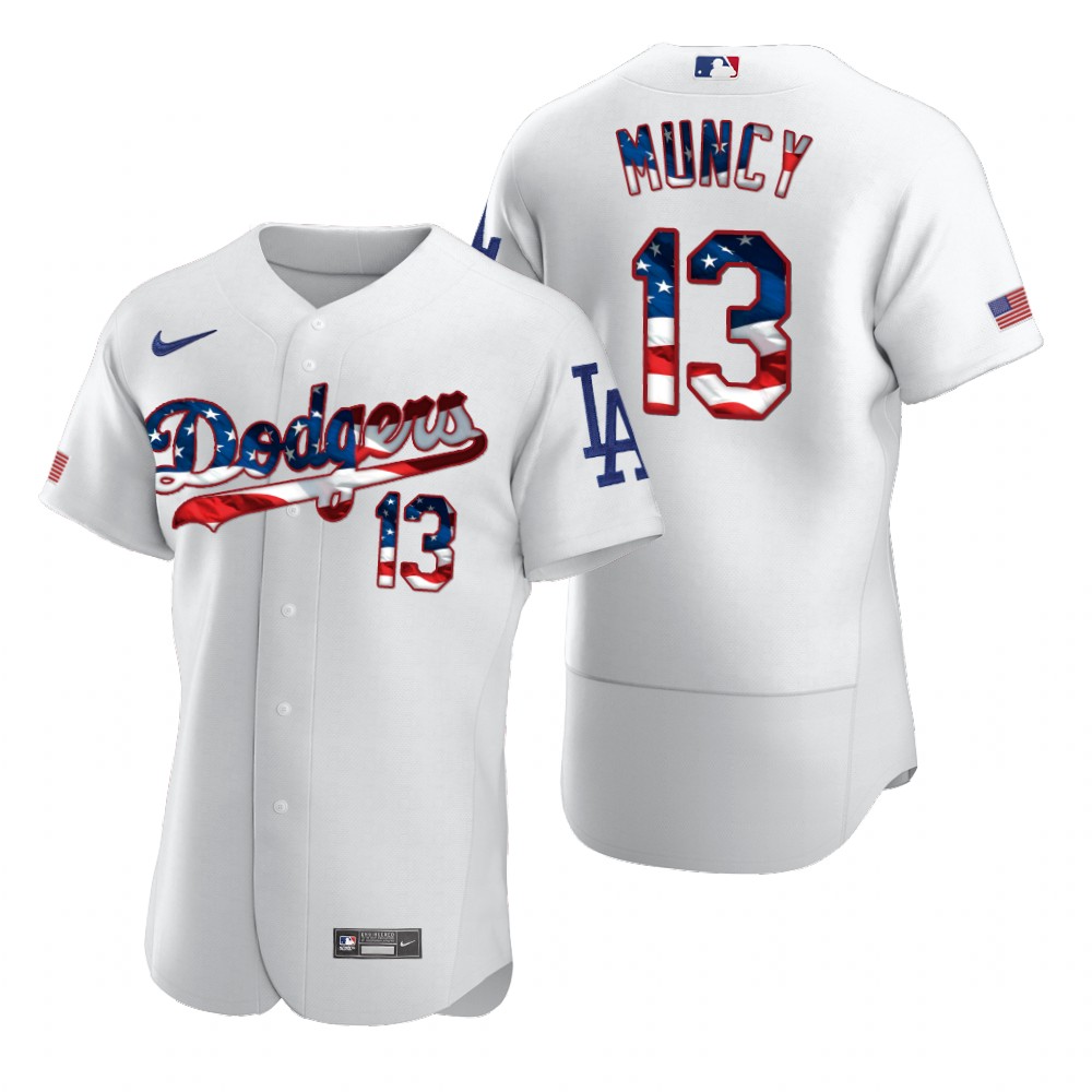 Personalized Los Angeles Dodgers #13 Max Muncy Men’s White Fluttering USA Flag Limited Edition Authentic MLB Jersey