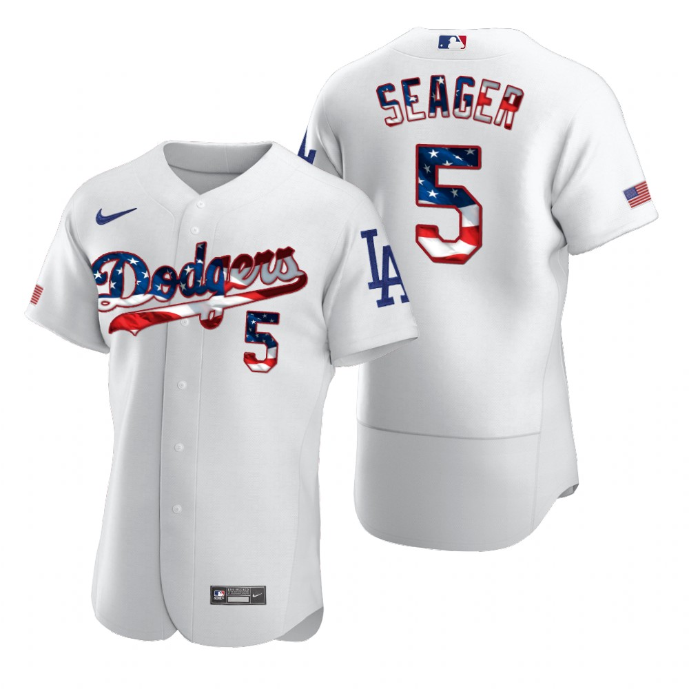 Personalized Los Angeles Dodgers #5 Corey Seager Men’s White Fluttering USA Flag Limited Edition Authentic MLB Jersey