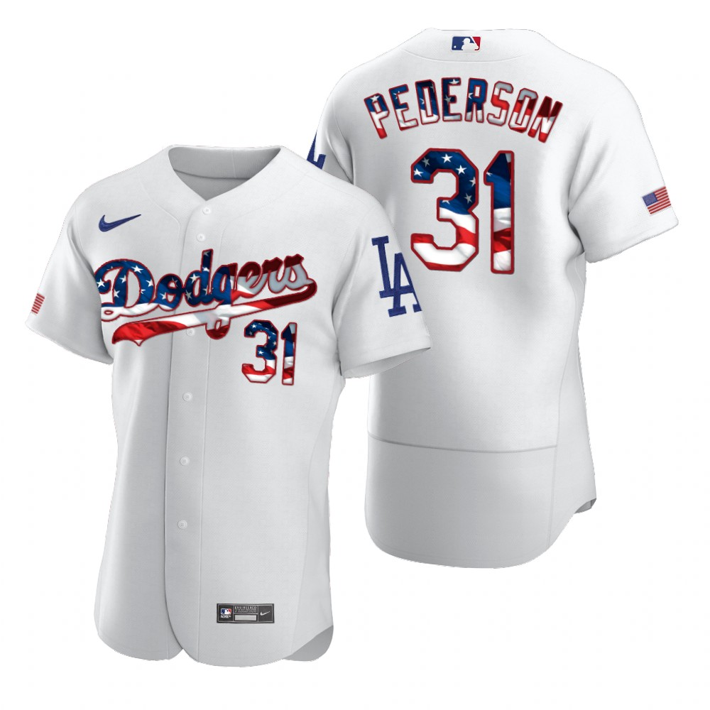 Personalized Los Angeles Dodgers #31 Joc Pederson Men’s White Fluttering USA Flag Limited Edition Authentic MLB Jersey