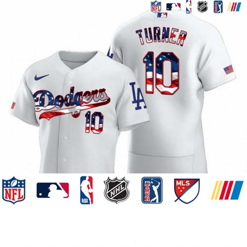 Personalized Los Angeles Dodgers #10 Justin Turner Men’s White Fluttering USA Flag Limited Edition Authentic MLB Jersey