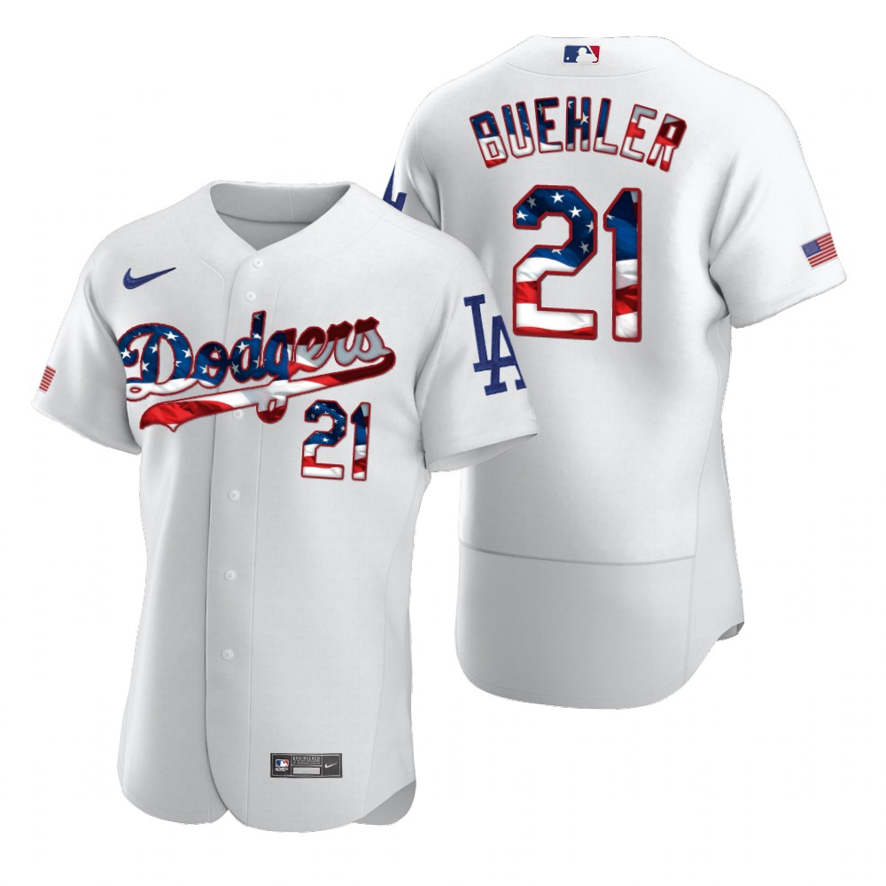 Personalized Los Angeles Dodgers #21 Walker Buehler Men’s White Fluttering USA Flag Limited Edition Authentic MLB Jersey
