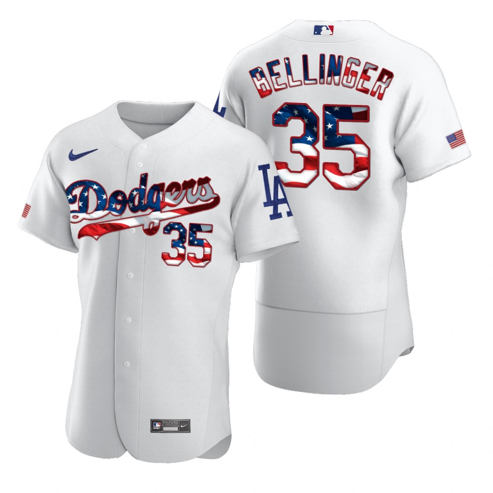 Personalized Los Angeles Dodgers #35 Cody Bellinger Men’s White Fluttering USA Flag Limited Edition Authentic MLB Jersey