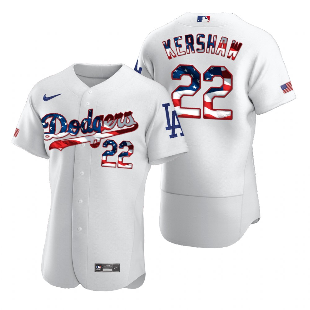 Personalized Los Angeles Dodgers #22 Clayton Kershaw Men’s White Fluttering USA Flag Limited Edition Authentic MLB Jersey