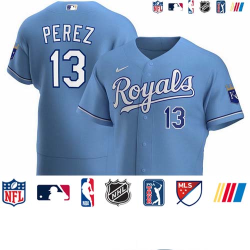Personalized Kansas City Royals #13 Salvador Perez Men’s Light Blue Alternate 2020 Authentic Player MLB Jersey