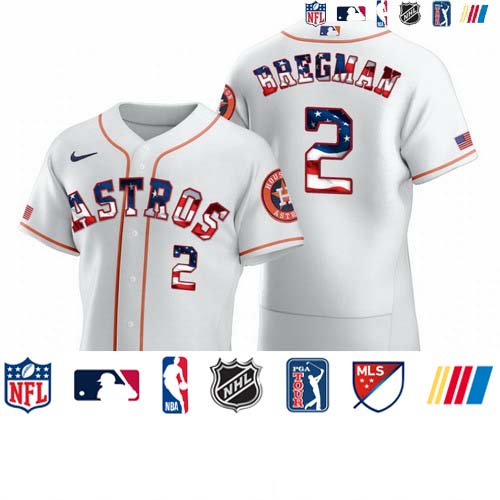 Personalized Houston Astros #2 Alex Bregman Men’s White Fluttering USA Flag Limited Edition Authentic MLB Jersey
