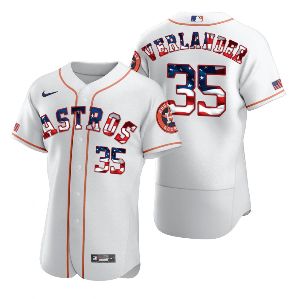 Personalized Houston Astros #35 Justin Verlander Men’s White Fluttering USA Flag Limited Edition Authentic MLB Jersey
