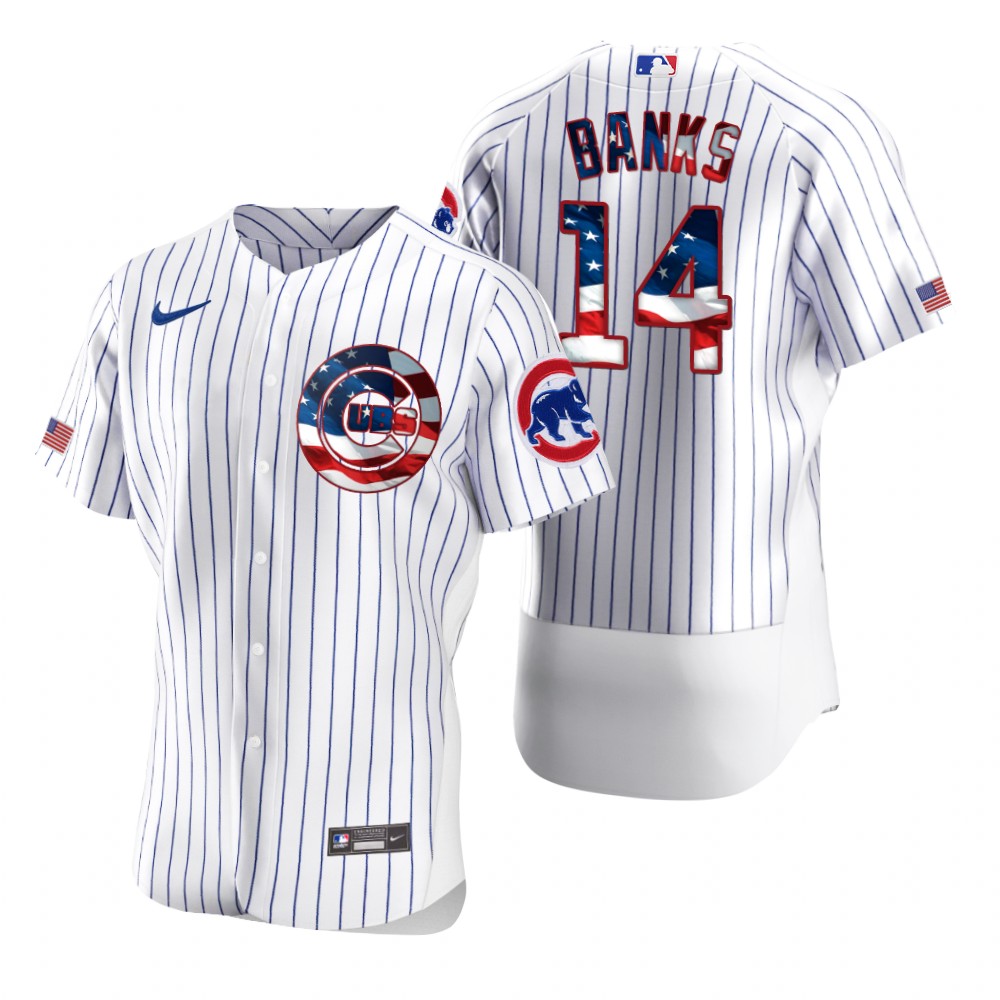 Personalized Chicago Cubs #14 Ernie Banks Men’s White Fluttering USA Flag Limited Edition Authentic MLB Jersey
