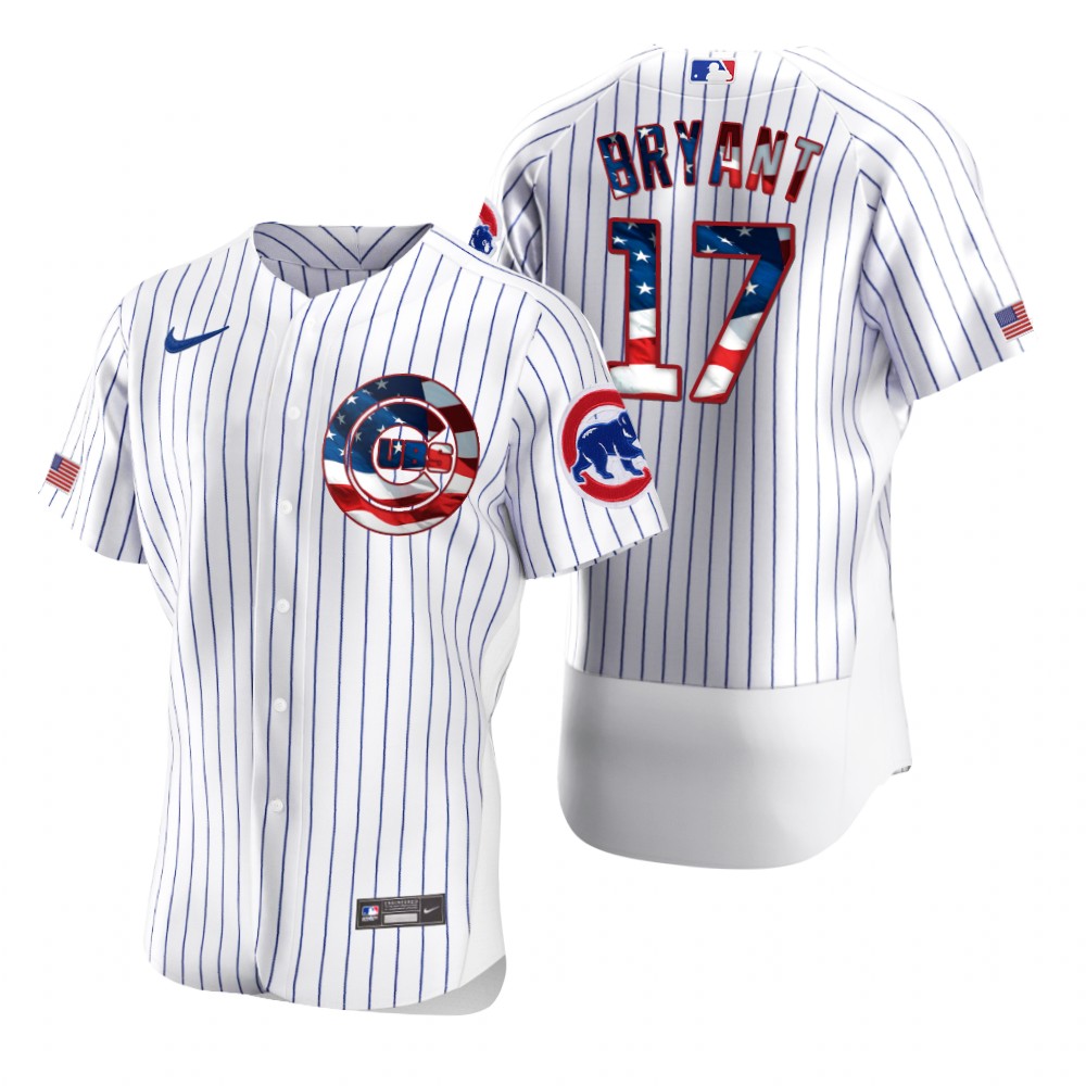 Personalized Chicago Cubs #17 Kris Bryant Men’s White Fluttering USA Flag Limited Edition Authentic MLB Jersey