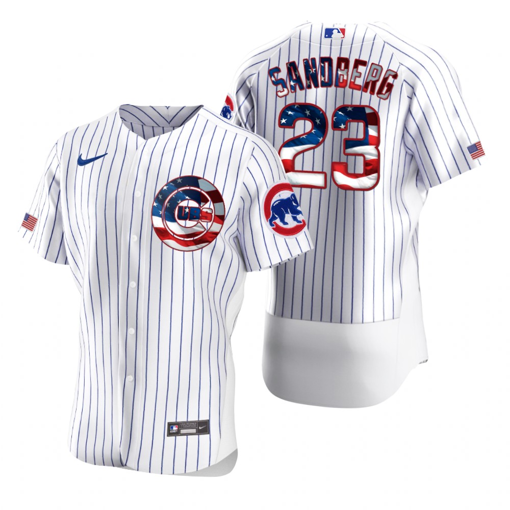 Personalized Chicago Cubs #23 Ryne Sandberg Men’s White Fluttering USA Flag Limited Edition Authentic MLB Jersey