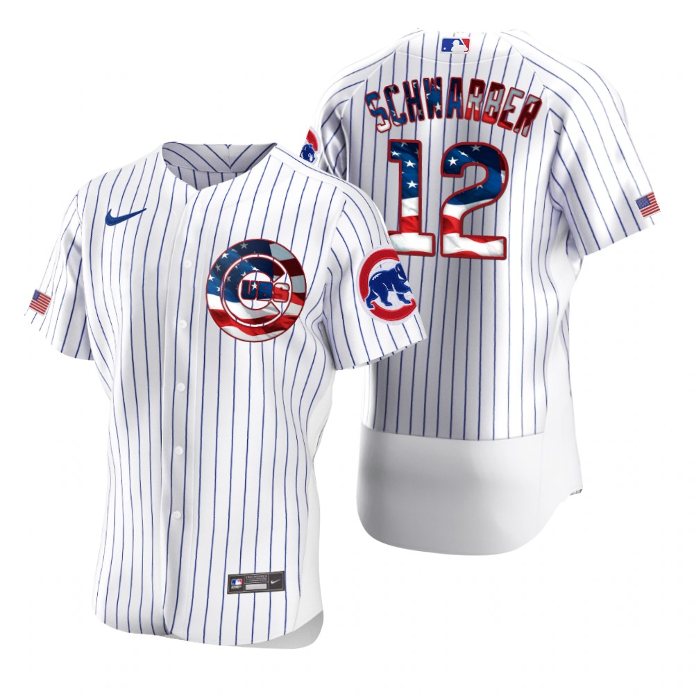 Personalized Chicago Cubs #12 Kyle Schwarber Men’s White Fluttering USA Flag Limited Edition Authentic MLB Jersey
