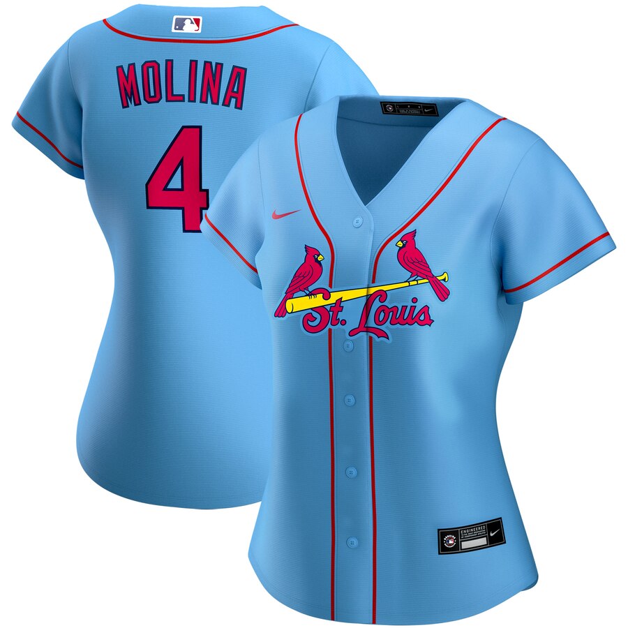 Personalized St. Louis Cardinals #4 Yadier Molina Women’s Alternate 2020 MLB Player Jersey Light Blue