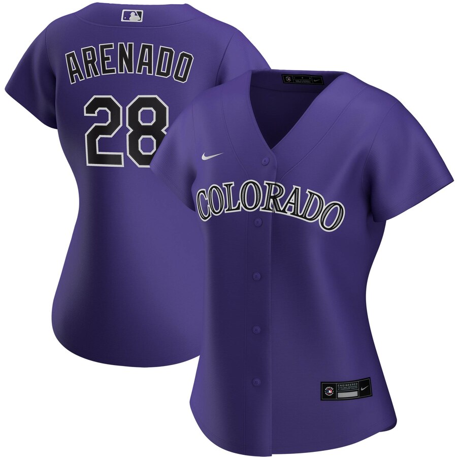 Personalized Colorado Rockies #28 Nolan Arenado Women’s Alternate 2020 MLB Player Jersey Purple