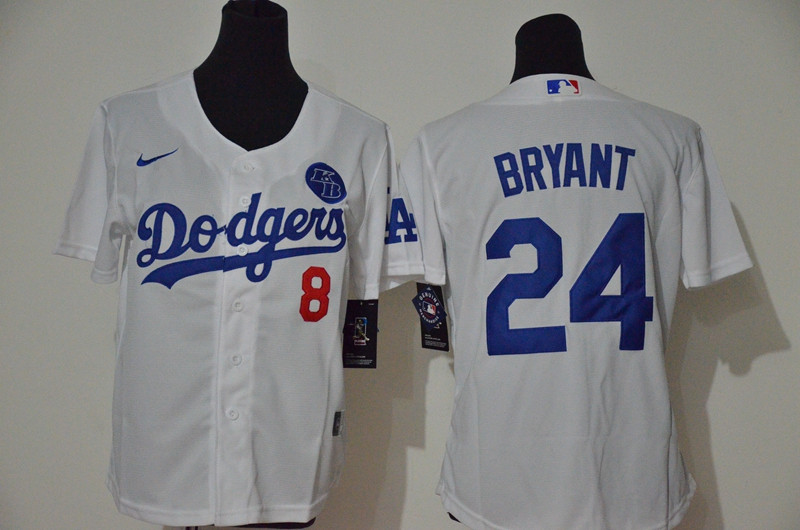 Personalized Youth Los Angeles Dodgers #8 #24 Kobe Bryant Youth White Cool Base 2020 KB Patch MLB Jersey