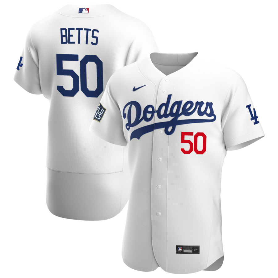 Personalized os Angeles Dodgers #50 Mookie Betts Men’s White Home 2020 World Series Bound Authentic Player MLB Jersey